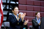 Secretary Interior Deb Haaland on Saturday applauds people who helped make the bison range restoration possible for the Confederated Salish and Kootenai Tribes. Haaland joined the tribes inside the Salish Kootenai College's basketball gym to celebrate their reclaiming management of the wildlife refuge.