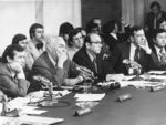 From left, Sens. Howard Baker of Tennesse and Senator Sam Ervin of North Carolina, majority counsel Sam Dash, Sens. Herman Talmadge of Georgia and Daniel Inouye of Hawaii listen to the testimony of James McCord, one of the Watergate burglqrs, during the Watergate hearings.