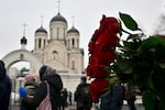 Mourners gather in front of the Mother of God Quench My Sorrows church ahead of a funeral service for late Russian opposition leader Alexei Navalny, in Moscow's district of Maryino on March 1, 2024.