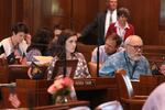 People sit at desks on the floor of the Oregon Senate.