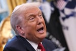 President Trump delivers remarks during a meeting in the Oval Office of the White House on Nov. 21, 2025.