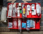 Brook Gowin's first aid kit. It contains a plethora of gauze pads and bandages, which could prove to be useful because she learned that she has several glass items near her bed that could break during the shaking from a magnitude 9.0 earthquake.