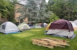 The encampment on the quad between Friendly and Fenton Halls on the UO campus on Thursday morning. Organizers said they would be completely gone from the site by that evening.
