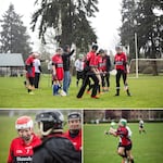 Clockwise, from top: Curt Yackell gives instructions as the Red Branch camogie team heads out for their first-ever match; Paula Konomos clears a ball downfield; Kristin Pollock smiles as rain drenches the team.