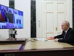 Russian President Vladimir Putin chairs a Security Council meeting via a video link at the Kremlin in Moscow on July 7, 2023.