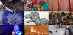A mosaic of nine images, from upper left: beavers eating wood, a street style mural, salmon drying, an illustrated sea urchin, an illustrated dinosaur, indigenous dancers, an accordionist, a wildfire and children in an intuitional setting.