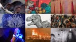 A mosaic of nine images, from upper left: beavers eating wood, a street style mural, salmon drying, an illustrated sea urchin, an illustrated dinosaur, indigenous dancers, an accordionist, a wildfire and children in an intuitional setting.