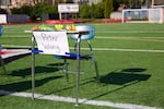 One of 17 desks that lined across the football field at Lincoln High School in honor of the victims of the Parkland, Florida, high school shooting on Feb. 14, 2018.