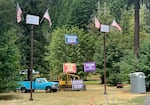 Donald Trump signs line Highway 22 through the Santiam Canyon. The canyon is located in Marion County, part of the Republican stronghold in Oregon's 5th Congressional District.