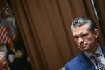 Secretary of Defense Pete Hegseth looks on during a cabinet meeting with President Trump in the Cabinet Room of the White House on April 10.