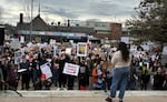 A speaker addresses a protest at Springfield City Hall on Friday, Jan. 30, 2026.
