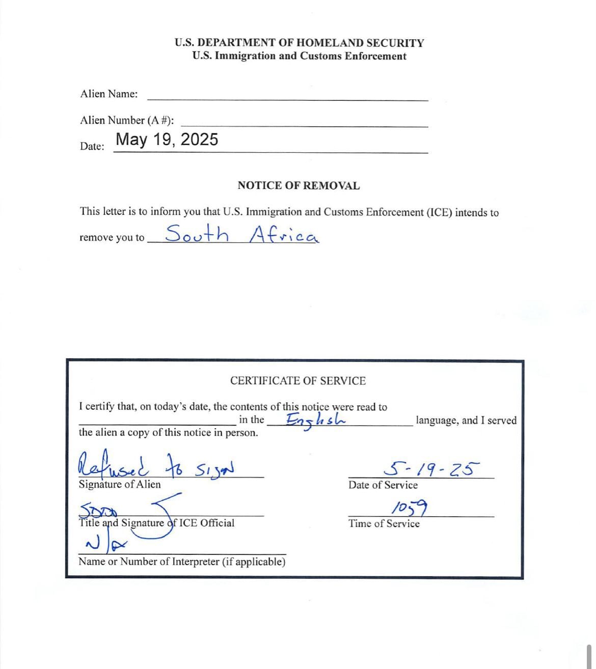 Attorney Jonathan Ryan says he was perplexed to receive this notice on May 19th, stating his client - whom he hadn't been able to have a meaningful conversation with- was being deported to South Africa.