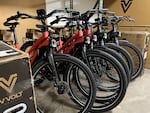 Some of the e-bikes Vvolt has available to sell. The Portland company is unable to bring finished bikes over from China under the president's tariffs.