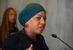 At a news conference outside the Christopher A. Iannella Chamber, Boston City Councilor Tania Fernandes Anderson in Boston City Hall in Boston on June 15, 2022. Boston City Councilor Tania Fernandes Anderson had urged the council to pass the resolution that the city apologize for Boston's role in the transatlantic slave trade.