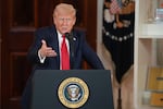 President Trump speaks in the Cross Hall of the White House in Washington, D.C., during an event on April 30, 2025.