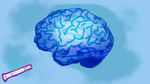This animation shows a GLP-1 injector injecting into a blue brain, and then concentric purple waves emanate from the brain. The animation is set against a light blue background.