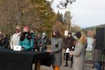 Bend city councilor Gena Goodman-Campbell, Mayor Sally Russell and Rabbi Johanna Hershenson read statements from former Deschutes County employees at a press event in Drake Park attended by about 30 women, Oct. 26, 2020. 