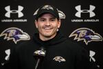 Baltimore Ravens defensive coordinator Mike Macdonald speaks to the media during an NFL football media availability, Thursday, Jan. 25, 2024, in Owings Mills, Md. (AP Photo/Nick Wass).