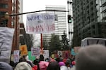 Demonstrators march through the rain at Women's March on Portland on Saturday, Jan. 21, 2017.