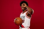 Portland Trail Blazers guard Scoot Henderson poses for a portrait during the NBA basketball team's media day in Portland, Ore., Monday, Oct. 2, 2023.