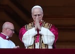 The newly elected Pontiff, Pope Leo XIV is seen for the first time from the Vatican balcony on May 8 in Vatican City, Vatican.