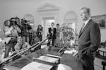 (Original Caption) 4/1/1980-Washington, DC- President Carter, speaking to reporters in the Oval Office of the White House, said that the decision of the Iranian government to take custody of the American hostages is, "A possitive step" and "We do not intend to impose additional sanctions against Iran."