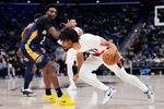 Portland Trail Blazers guard Shaedon Sharpe (17) drives to the basket past New Orleans Pelicans forward Herbert Jones (2) in the second half of an NBA basketball game, Wednesday, Nov. 12, 2025, in New Orleans.