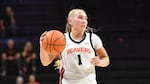 Oregon State guard Kennedie Shuler (1) dribbles against Arizona State during an NCAA basketball game on Sunday, Dec. 14, 2025, in Corvallis, Ore. (AP Photo/Mark Ylen)