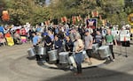 Members of Samba Ja play rousing percussion for the crowds gathered for "No Kings" at Eugene's City Hall plaza on Oct. 17, 2026.
