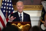 President Joe Biden speaks at a reception for new Democratic members of Congress in the State Dining Room of the White House, Sunday, Jan. 5, 2025, in Washington.