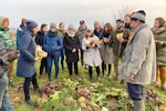 A Radicchio Expedition group co-organized by Italian farmer Myrtha Zierock (left) and Lane Selman (center in white) stand in a radicchio field in the Veneto region of Italy in January 2020.