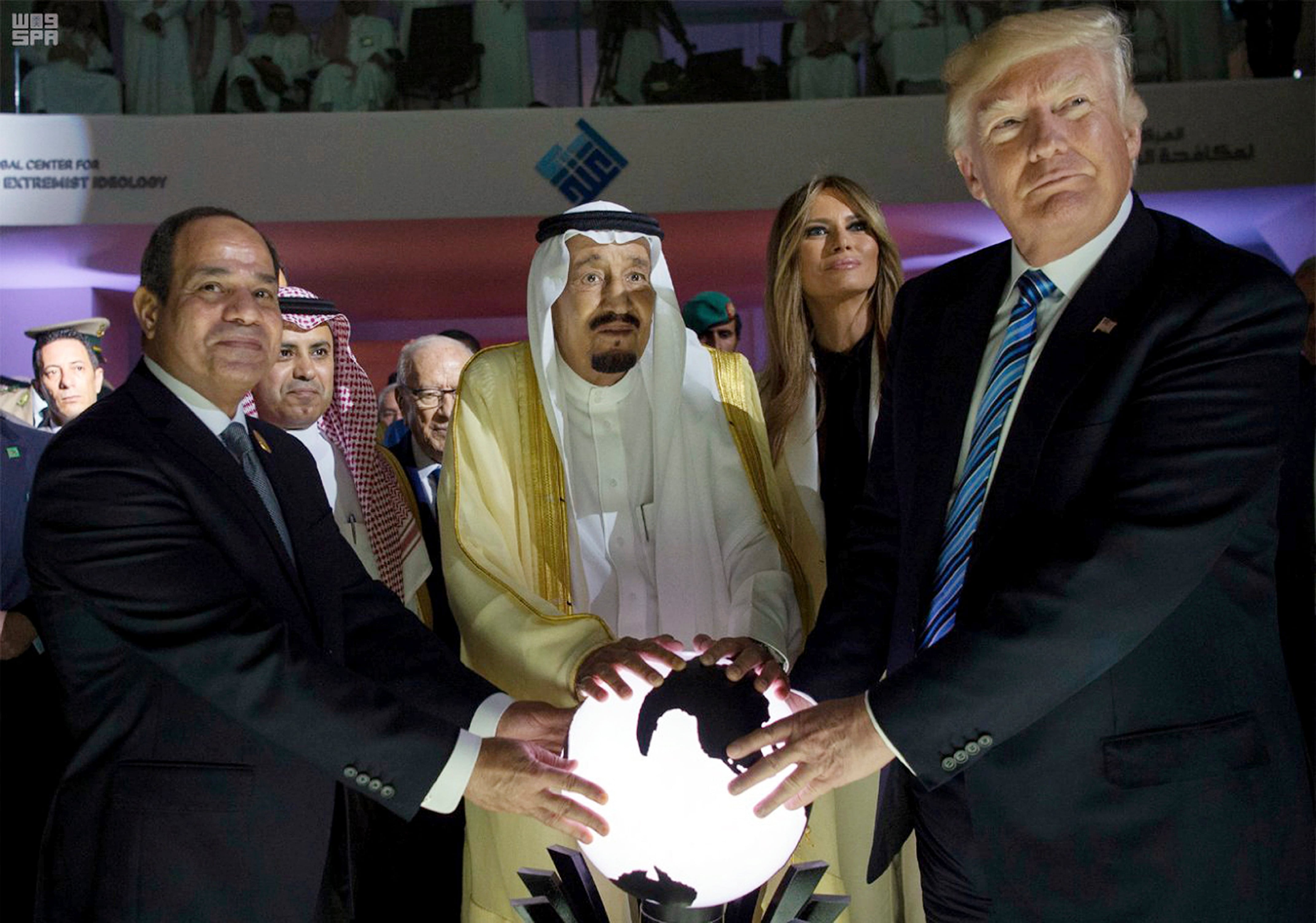 In 2017, Egyptian President Abdel Fattah el-Sisi (from left), Saudi King Salman and President Trump attend a ceremonial launch of the Global Center for Combating Extremist Ideology.