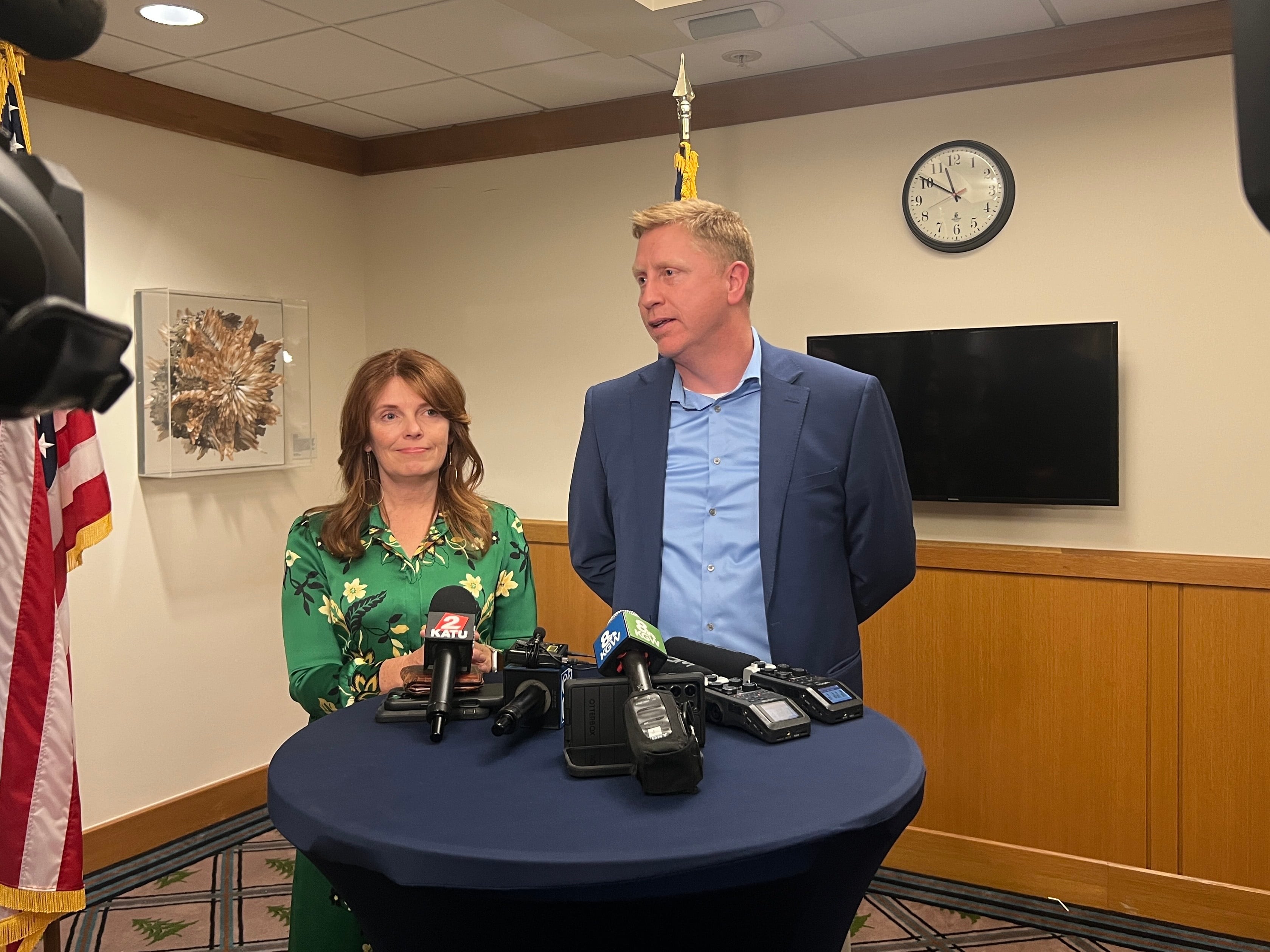 House Minority Leader Christine Drazan, R-Canby, and Senate Minority Leader Daniel Bonham, R-The Dalles, speak to reporters June 27, 2025, following the close of the 2025 legislative session.