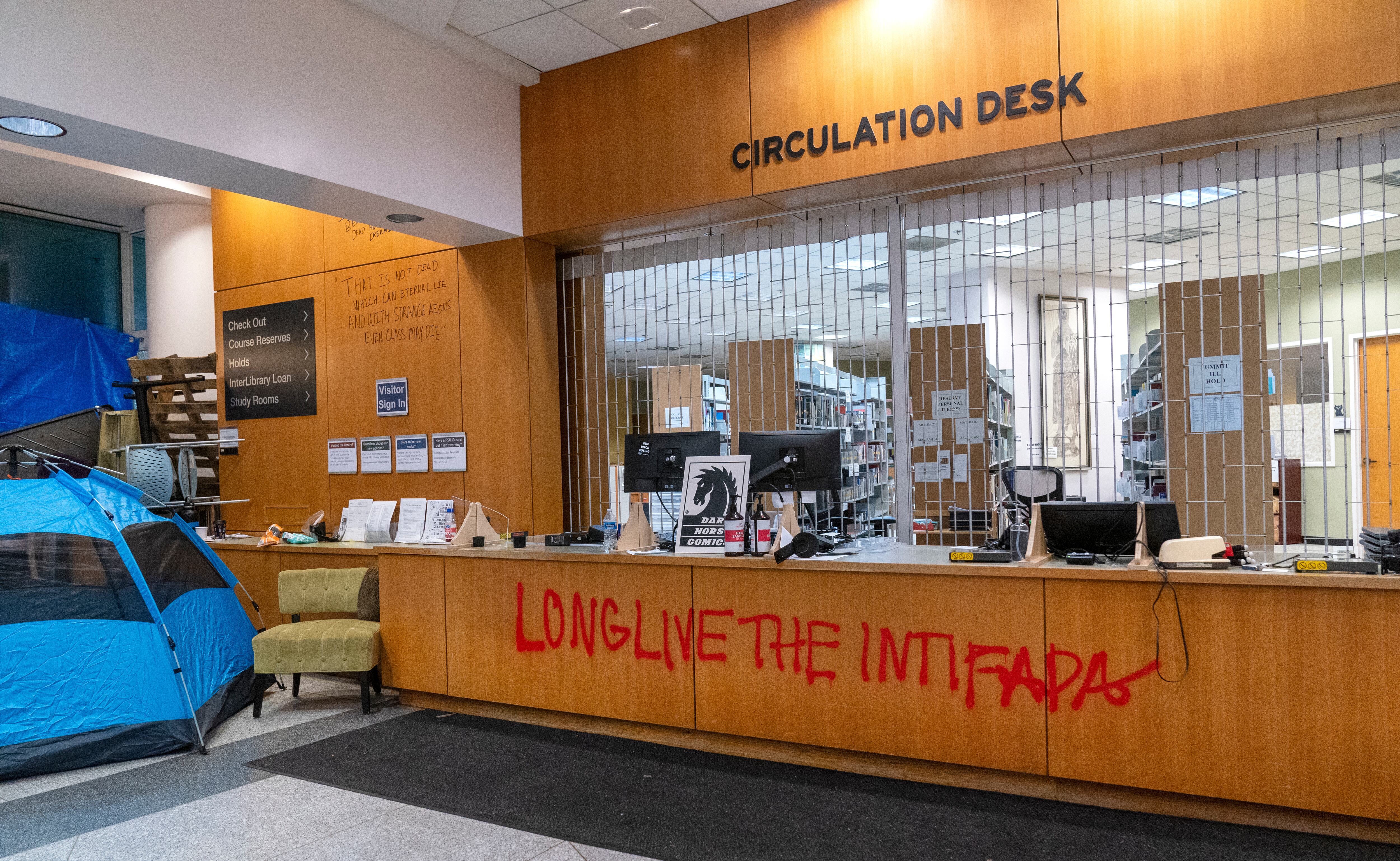 A tour inside the occupied Branford Price Millar Library at Portland State University, April 30, 2024. Demonstrators protesting the war in Gaza have occupied the library since Monday evening.