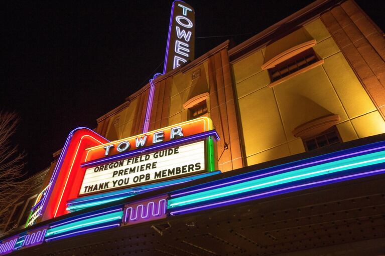 The Tower Theatre marquee gives thanks to OPB members Thursday, March 16, 2017 in Bend, Oregon.