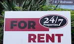 FILE - A "For Rent" sign is displayed outside an apartment building in 2025, in Portland, Ore.