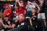 Trail Blazers fans celebrate a win during a game against the Golden State Warriors at the Moda Center in Portland, Ore. on Friday, Oct. 24, 2025.