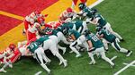 Philadelphia Eagles quarterback Jalen Hurts scores touchdown on a tush push during Super Bowl LIX against the Kansas City Chiefs in February.