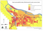 Oregon's Multnomah County used heat island maps to build a heat vulnerability index of the city. It highlights areas where there are more health risks in hot weather.