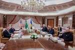 U.S. national security adviser Mike Waltz and Secretary of State Marco Rubio sit down with Saudi and Ukrainian officials in Jeddah, Saudi Arabia, Tuesday.
