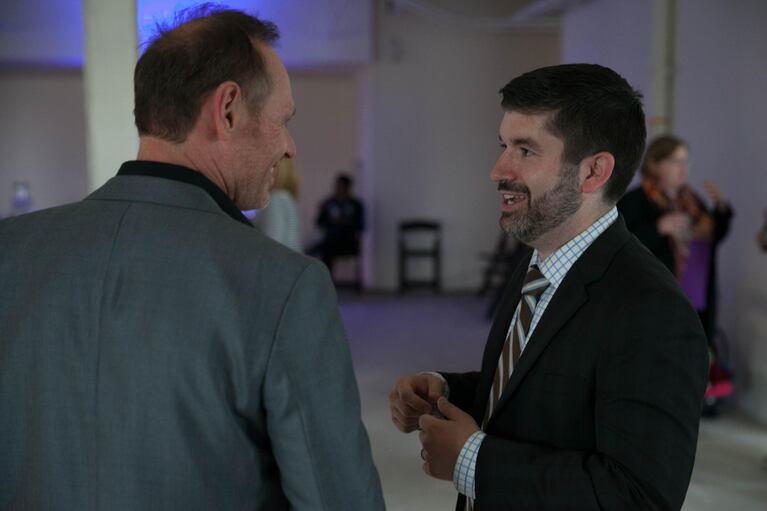 Portland mayoral candidate Jules Bailey speaks with a supporter on election night at the Falcon Building in Northwest Portland on May 17, 2016. Bailey lost the mayoral race to state Treasurer Ted Wheeler.
