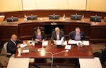 (Left to right) Portland City Commissioners Mingus Mapps, Carmen Rubio, Rene Gonzalez, and Dan Ryan at a public work session on July 18, 2023. The public is allowed into these work sessions, but not allowed to make open commentary.