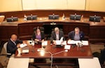 FILE: (Left to right) Portland City Commissioners Mingus Mapps, Carmen Rubio, Rene Gonzalez and Dan Ryan at a public work session on July 18, 2023. 