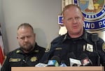 Portland Police Bureau Chief Bob Day (right) addresses the media on Aug. 1, 2024 about an upcoming illegal street racing event this weekend. Local police have tried to counter a rise in illegal street takeovers in recent years.