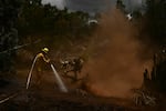 August 13: A Maui County firefighter uses a hose line to extinguish a fire near homes during the upcountry Maui wildfires in Kula, Hawaii.