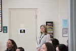 Deb Arthur, right, watches student presentations at Coffee Creek Correctional Facility in March. The class was the last in-person one before COVID-19. As spring semester comes to a close this week, work has been assigned via printed out packets.
 