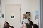Deb Arthur, right, watches student presentations at Coffee Creek Correctional Facility in March. The class was the last in-person one before COVID-19. As spring semester comes to a close this week, work has been assigned via printed out packets.