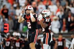 FILE - Oregon State quarterback Braden Atkinson (2) calls to his teammates during the second half of an NCAA college football game against Texas Tech, Saturday, Sept. 12, 2026, in Corvallis, Ore.
