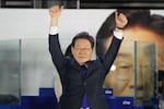 South Korea's Democratic Party's presidential candidate Lee Jae-myung, gestures as his supporters gather outside of the National Assembly in Seoul, South Korea, Wednesday, June 4, 2025.