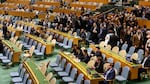 Delegates leave the General Assembly hall Friday as Israeli Prime Minister Benjamin Netanyahu steps up to the podium to speak at the 80th session of the United Nations General Assembly.